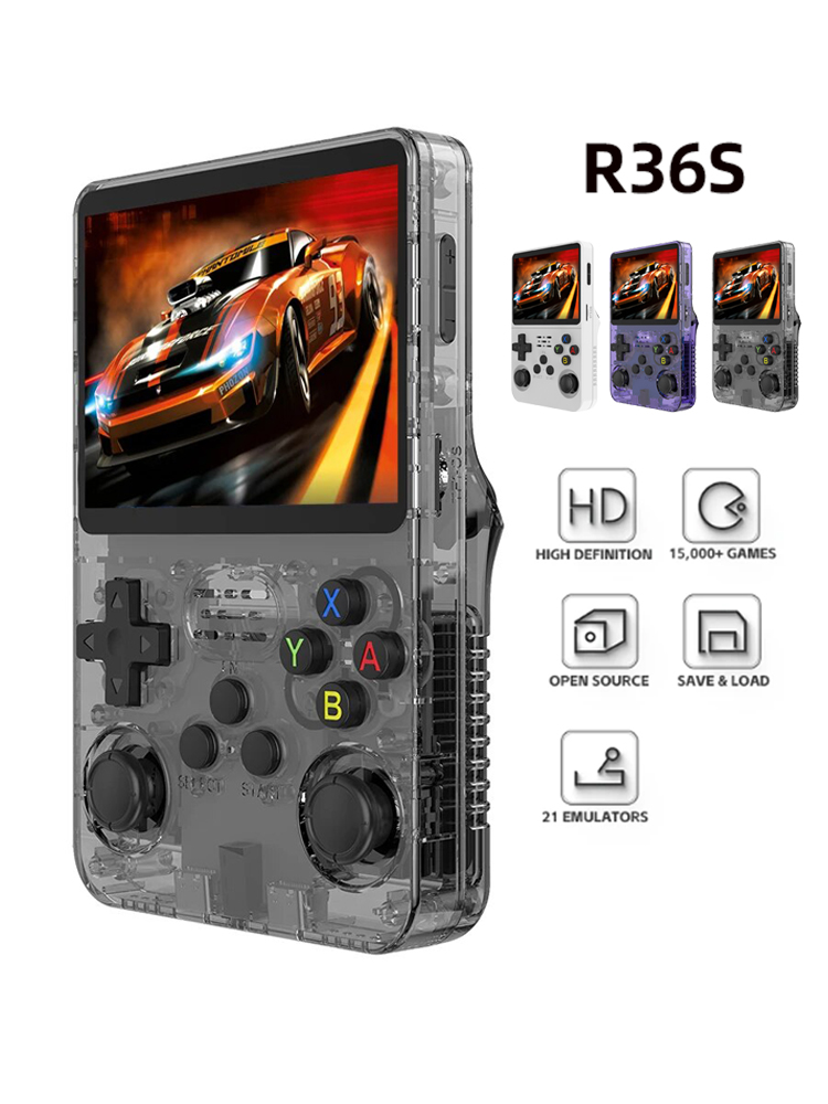 R36S Retro Handheld Game console | Transparent Black ,128GB,3.5",15000 Games