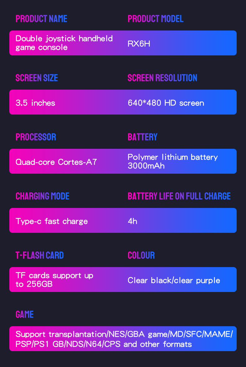 RX6H Ultra-Budget Retro Handheld 64GB– 3.5″ IPS, RK3326,  black