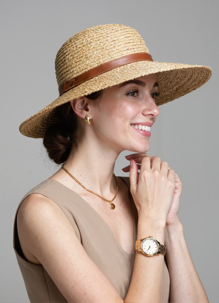 Wide-Brim Straw Hat with Leather Band – Natural Beige