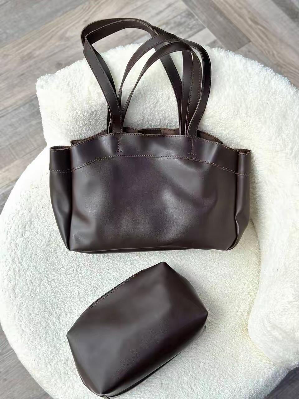 Dark Brown Leather Tote Bag Set