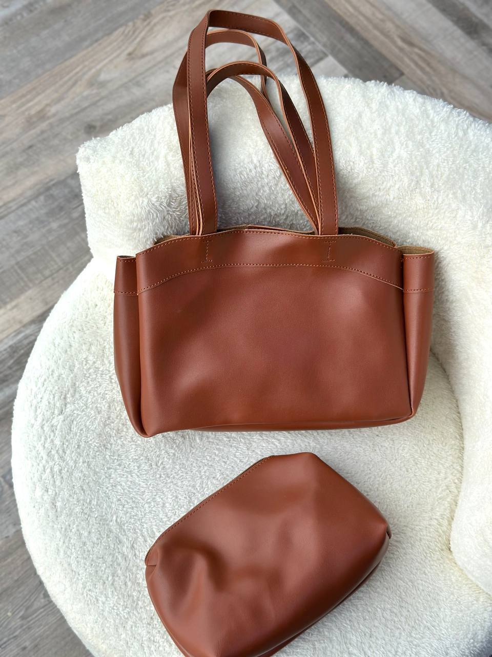 Brown Leather Tote Bag Set