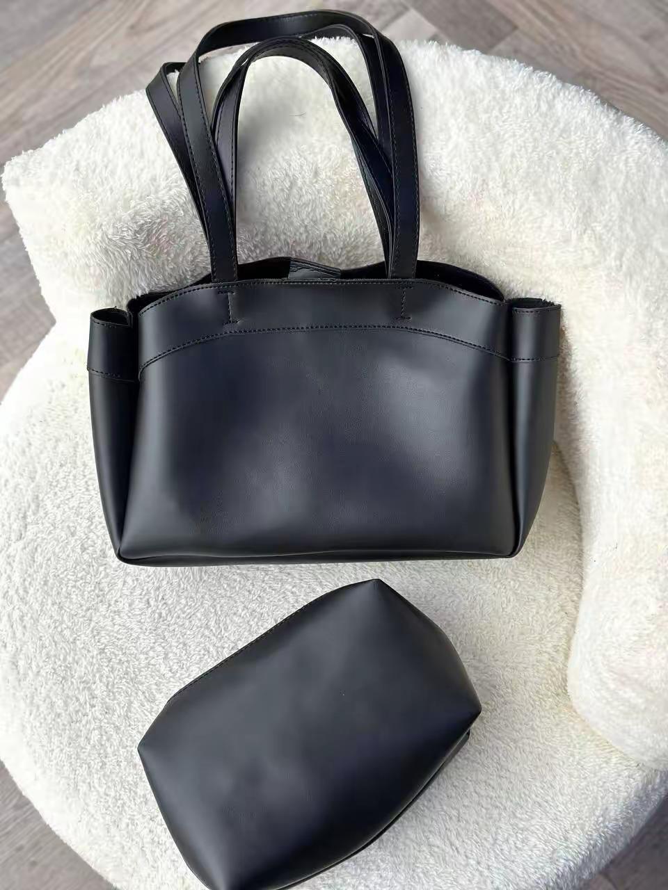 Black Leather Tote Bag Set