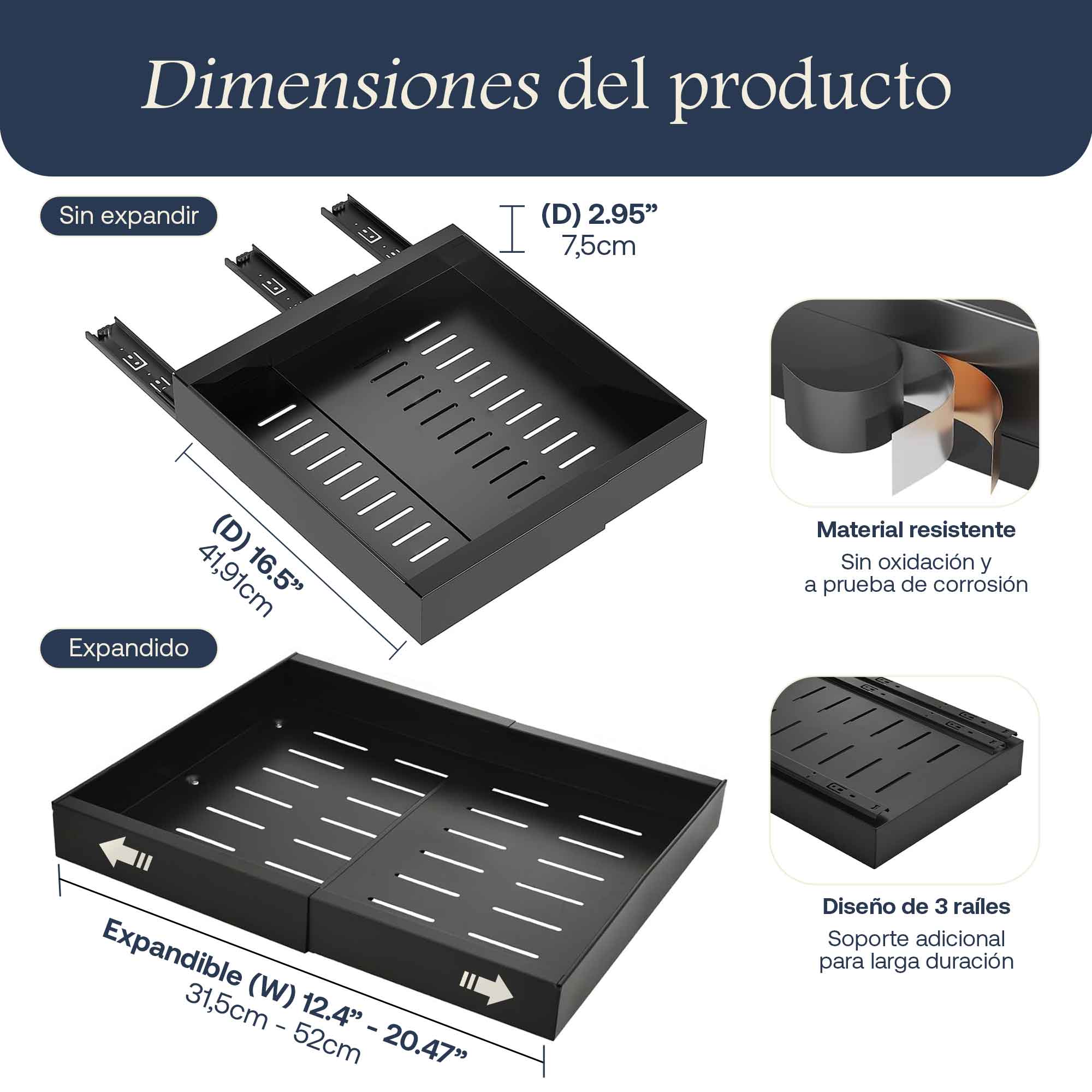 Cajon extraíble cocina con protector antideslizante NEYRALHOME | 32 - 52cm x 42cm fondo x 7,5cm alto | NEGRO