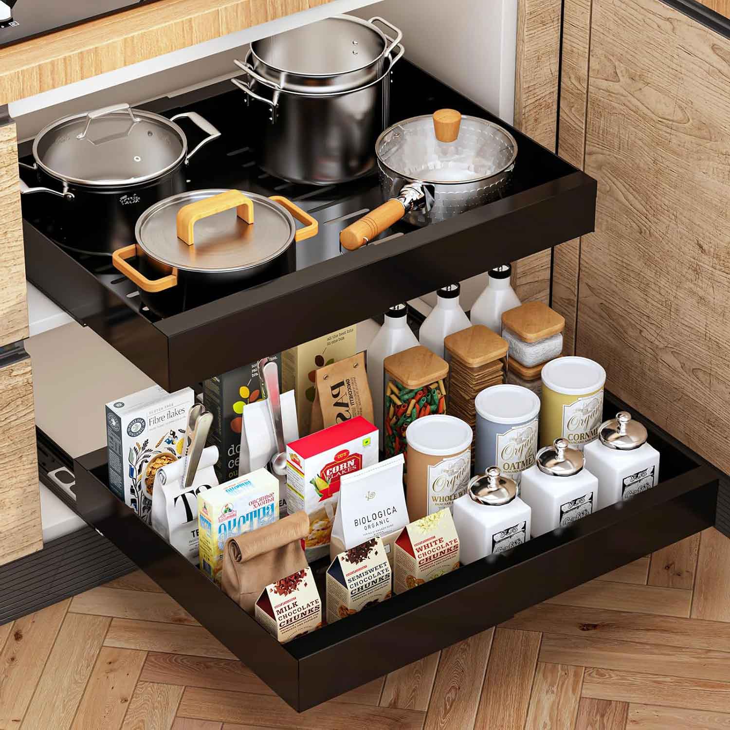 Cajon extraíble cocina con protector antideslizante NEYRALHOME | 32 - 52cm x 42cm fondo x 7,5cm alto | NEGRO