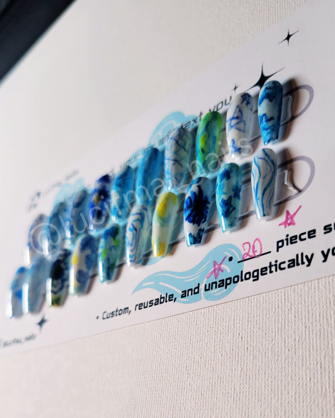 Blue Aesthetic Press-On Nails – Hand-Drawn Art