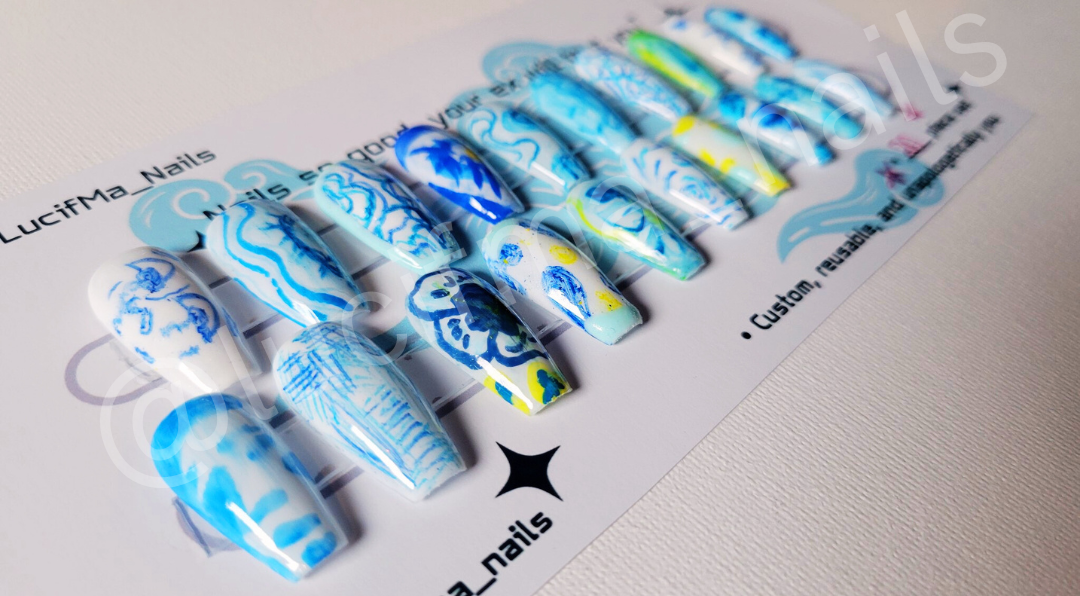 Blue Aesthetic Press-On Nails – Hand-Drawn Art