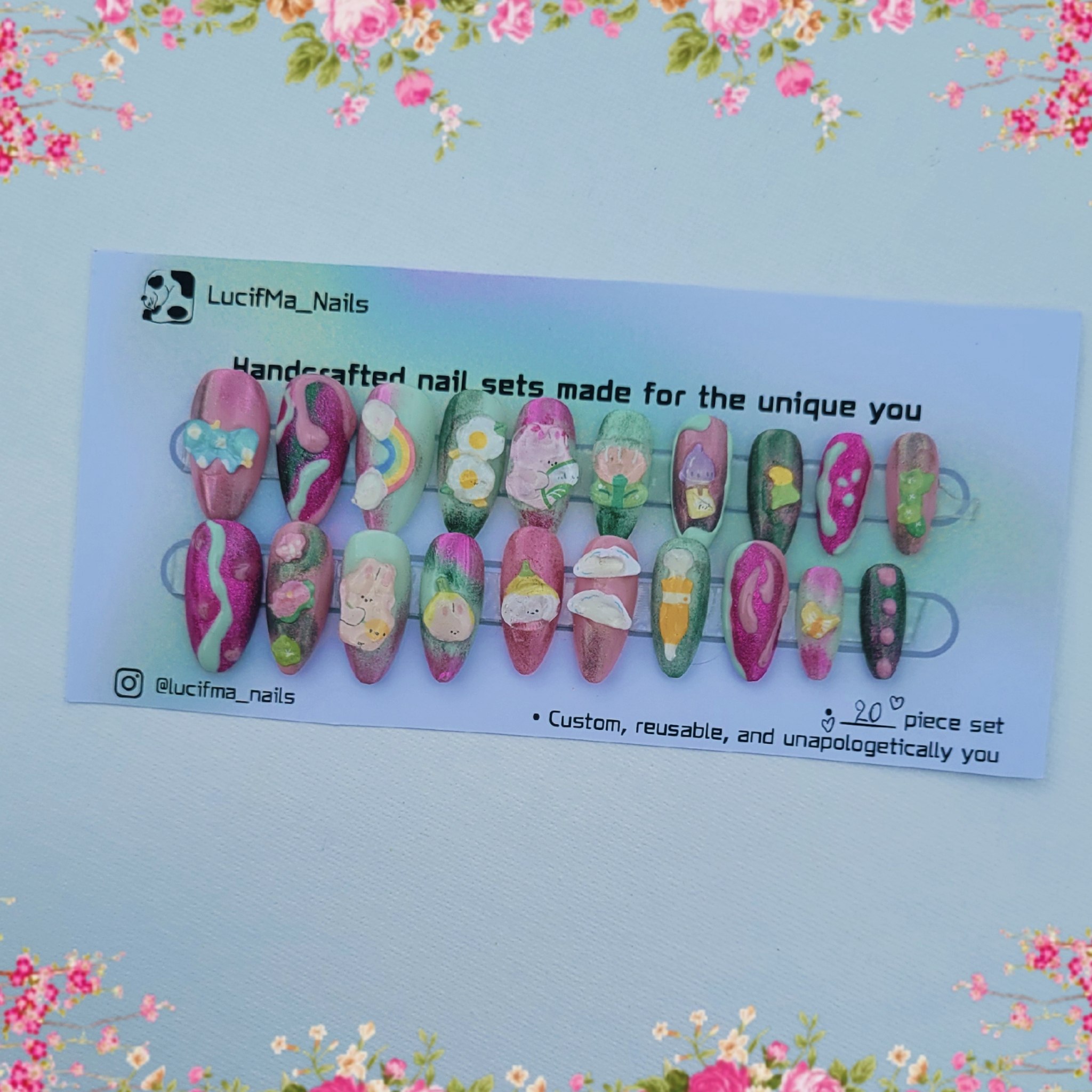 Spring Pink & Green Press on Nails