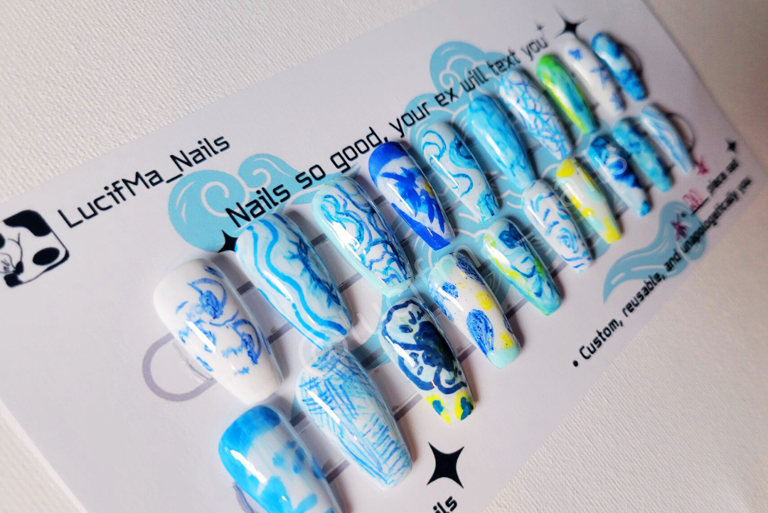 Blue Aesthetic Press-On Nails – Hand-Drawn Art