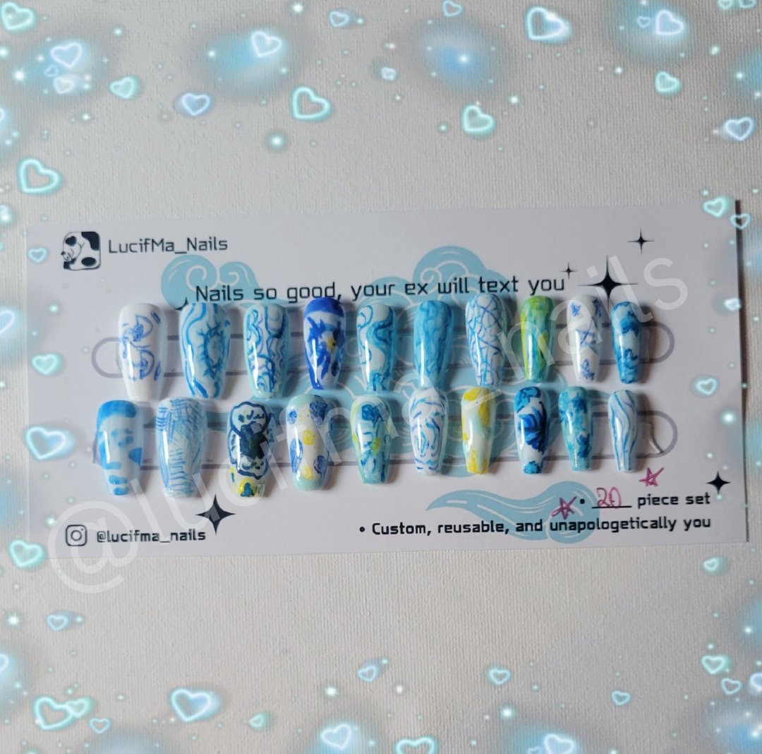 Blue Aesthetic Press-On Nails – Hand-Drawn Art