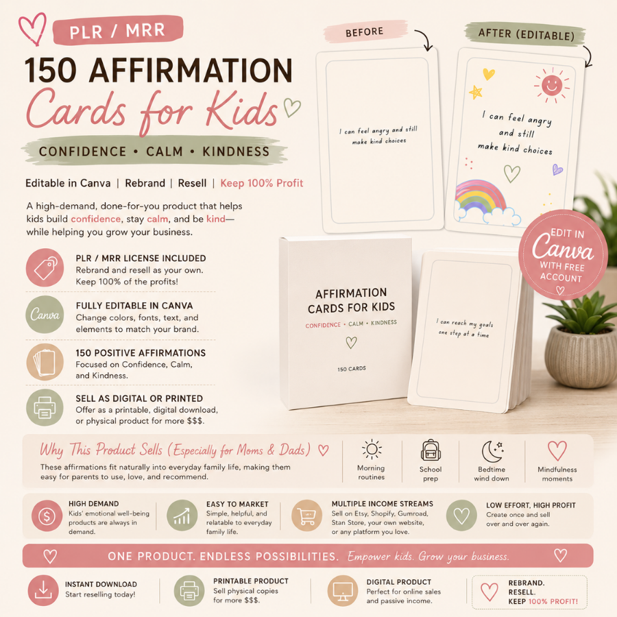 150 Kids Affirmation Cards PLR / MRR Bundle