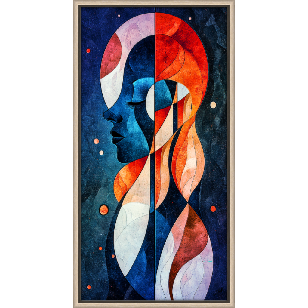 Duality in Flame and Shadow Canvas -Wall Art Print on Canvas - Raw Oak Float Frame