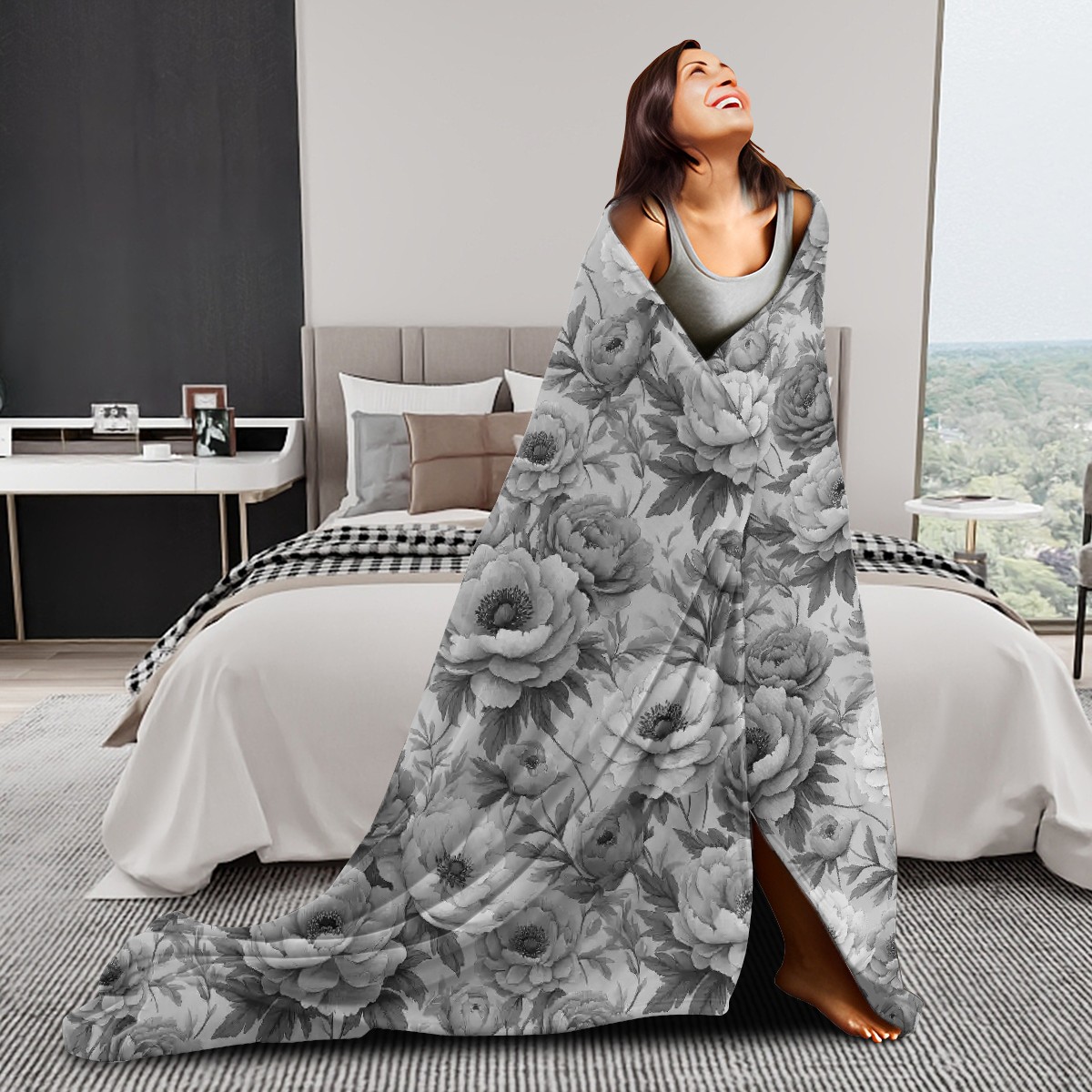 Grey Peony Floral Print Throw Blanket