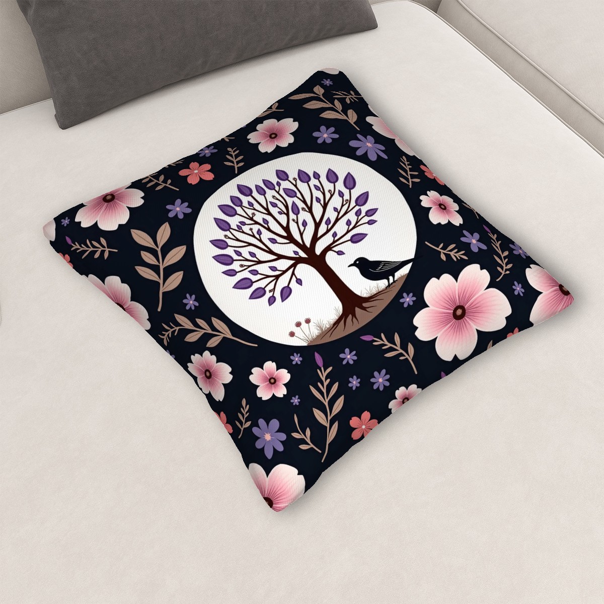 The Watcher Beneath the Tree - Floral Tree Decorative Pillow Cover