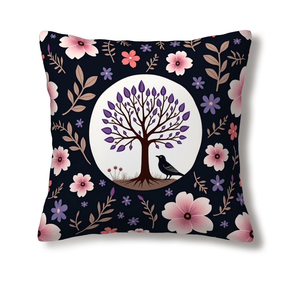 The Watcher Beneath the Tree - Floral Tree Decorative Pillow Cover