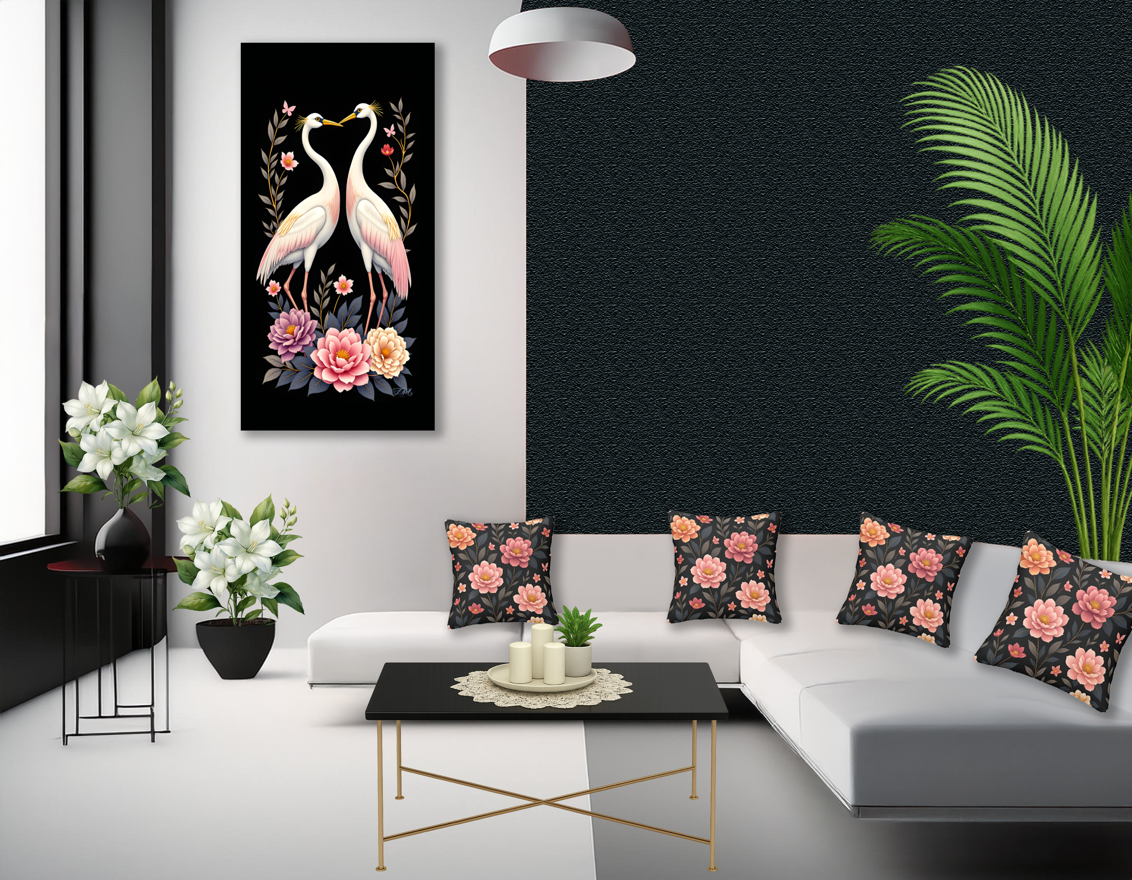 Crane Birds Illustration Long vertical Canvas Art Print