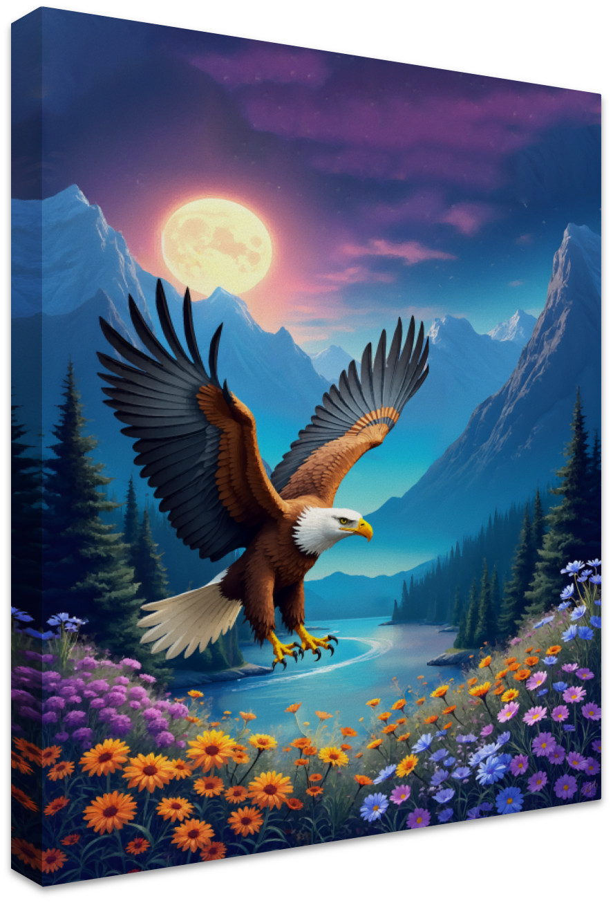 Eagle Soars Mountain River Canvas Art Print
