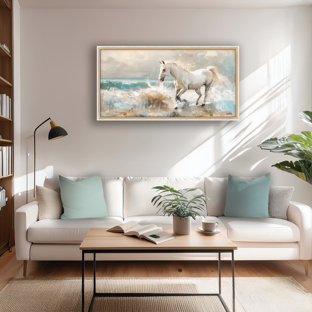 Abstract Art Framed Print - White Horse Beach Painting