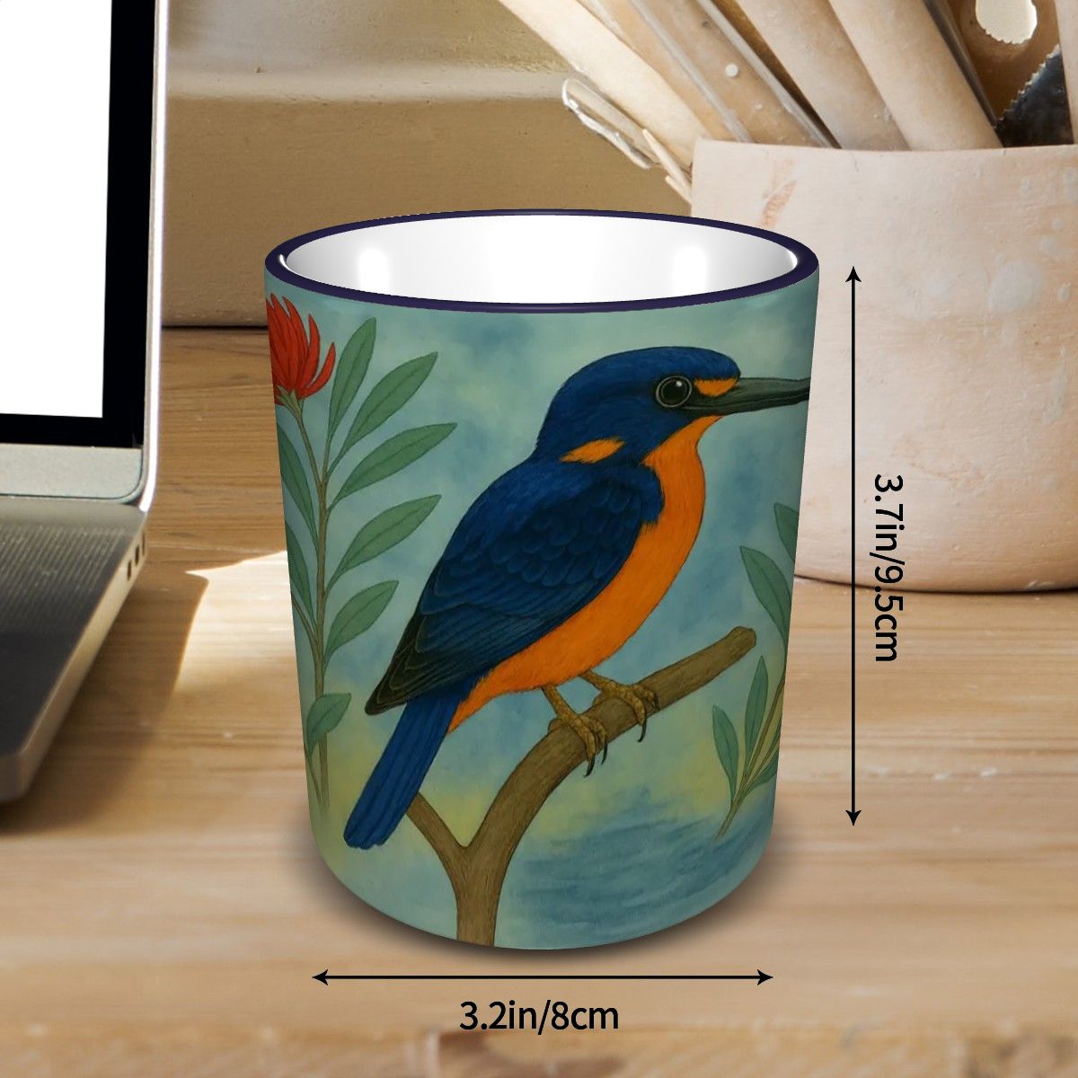 Indigo Kingfisher Bird Water Painting Custom Design Mug