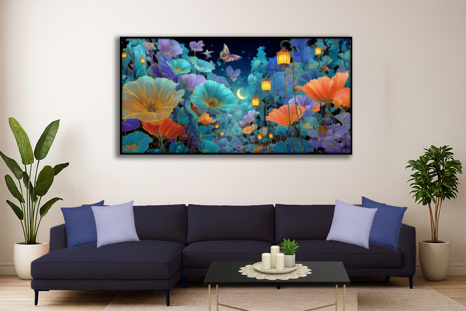 Moonlit Garden Enchanting Floral Garden Panoramic Canvas Art Print