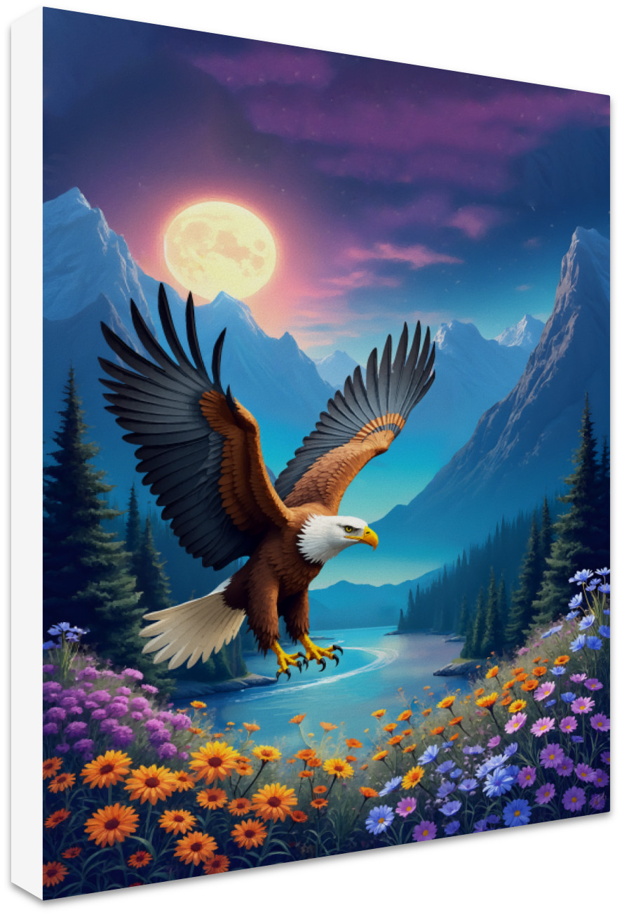 Eagle Soars Mountain River Canvas Art Print
