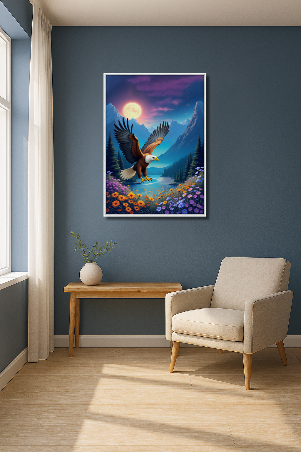 Eagle Soars Mountain River Canvas Art Print