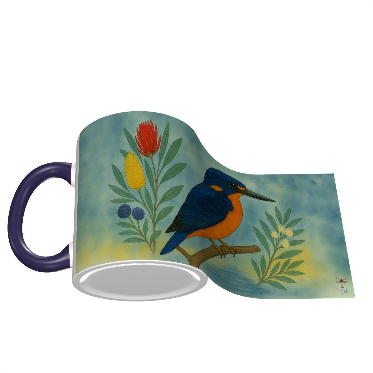 Indigo Kingfisher Bird Water Painting Custom Design Mug