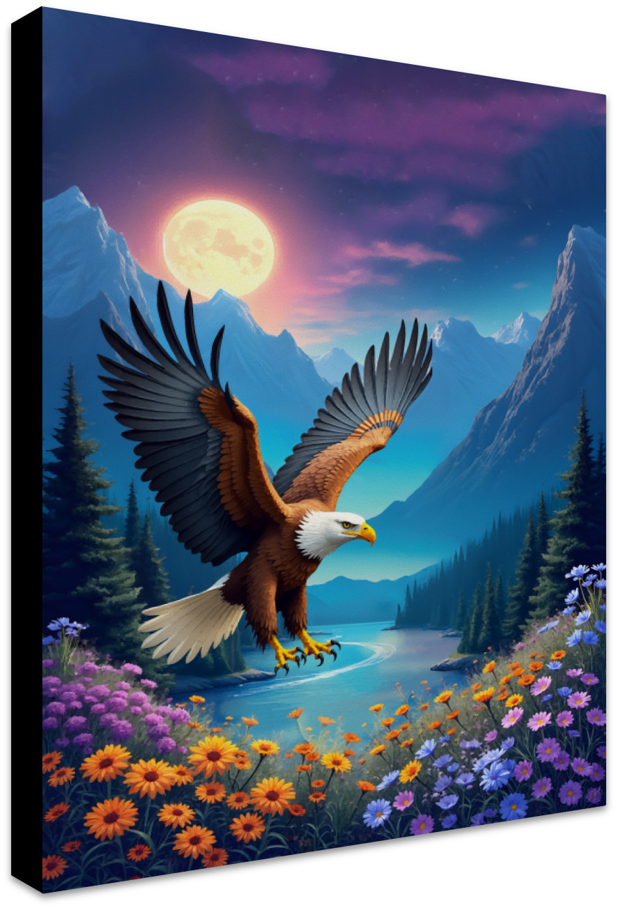 Eagle Soars Mountain River Canvas Art Print
