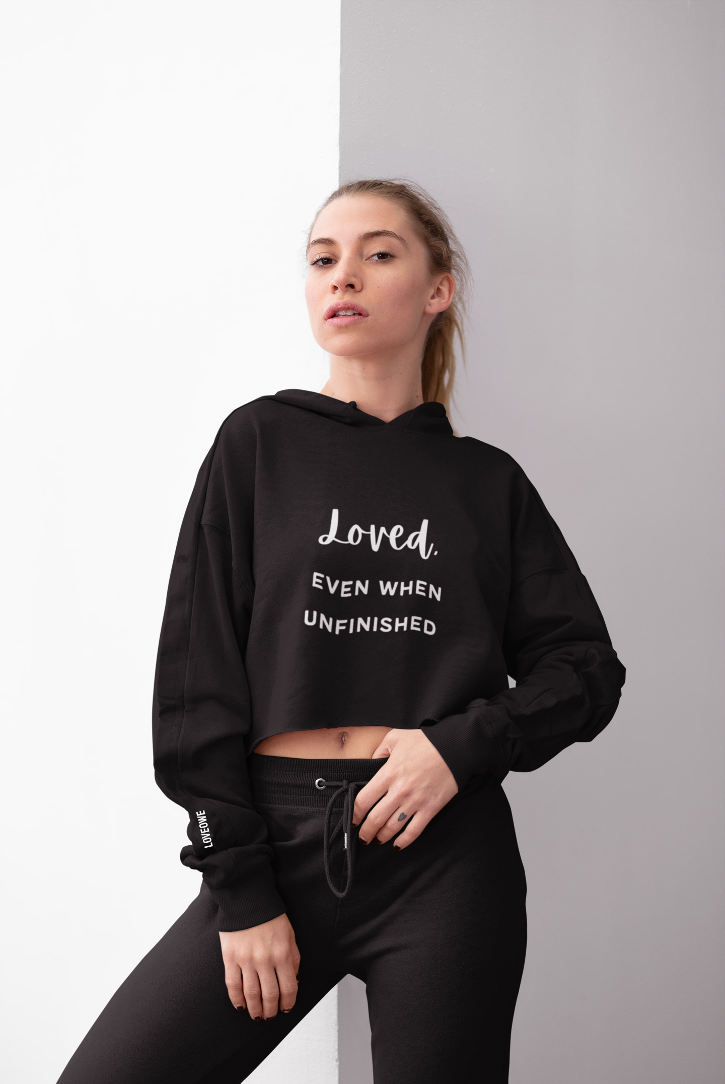 ""LOVED" Even When Unfinished" Cropped Hoodie