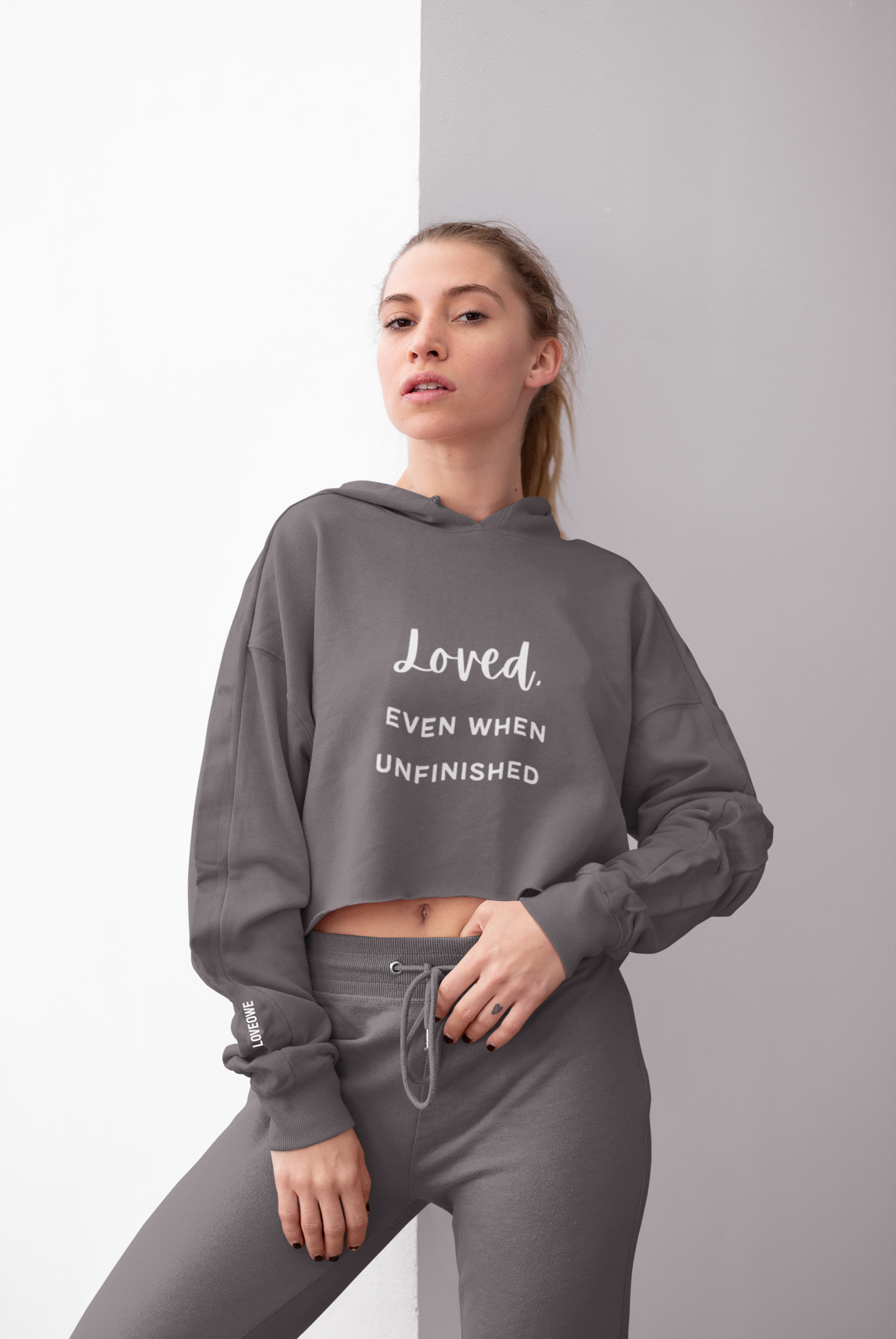 ""LOVED" Even When Unfinished" Cropped Hoodie