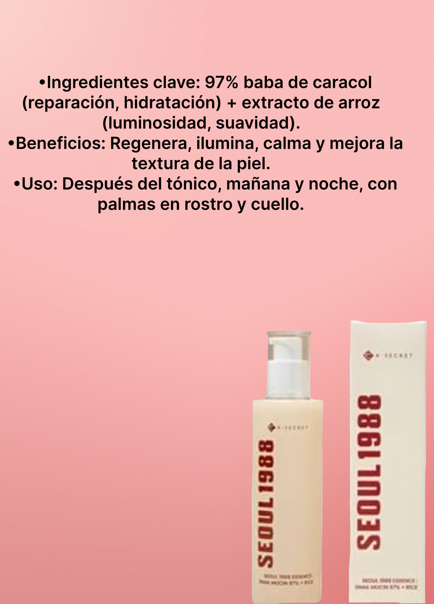 K-Secret Seoul 1988 Essence (97% baba de caracol + arroz, 100 ml