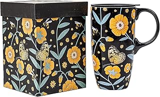 Topadorn Ceramic Mug Porcelain Latte Tea Cup Coffee Mug with Gift Box,17oz.Travel Cup with Lid, Black & Yellow Flower