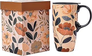 Topadorn Ceramic Travel Mug Porcelain Latte Tea Cup with Gift Box, 17oz Microwave & Dishwasher Safe Coffee Tumbler, Flower