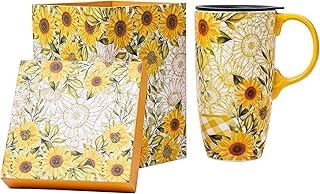 Topadorn Ceramic Mug Porcelain Latte Tea Cup Coffee Mug with Gift Box,17oz.Travel Cup with Lid, Yellow Sunflowers