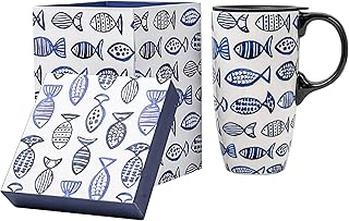 Topadorn Ceramic Mug Porcelain Latte Tea Cup Coffee Mug with Gift Box,17oz.Travel Cup with Lid, Fish