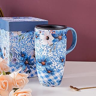 Topadorn Ceramic Travel Mug Porcelain Latte Tea Cup Coffee Mug with Gift Box,17oz.Travel Cup with Lid, Blue Flowers