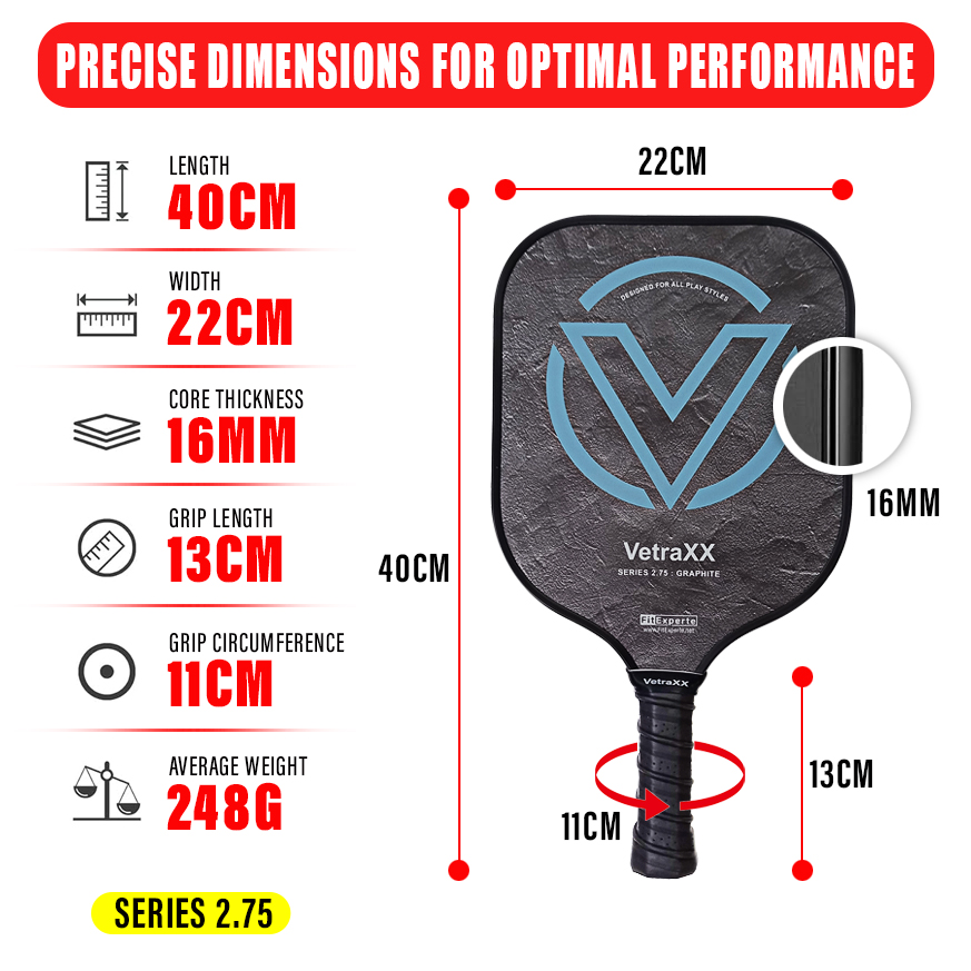 VetraXX Pickleball Paddles Series 2.75 Graphite Widebody Racket Paddle Ball Grip