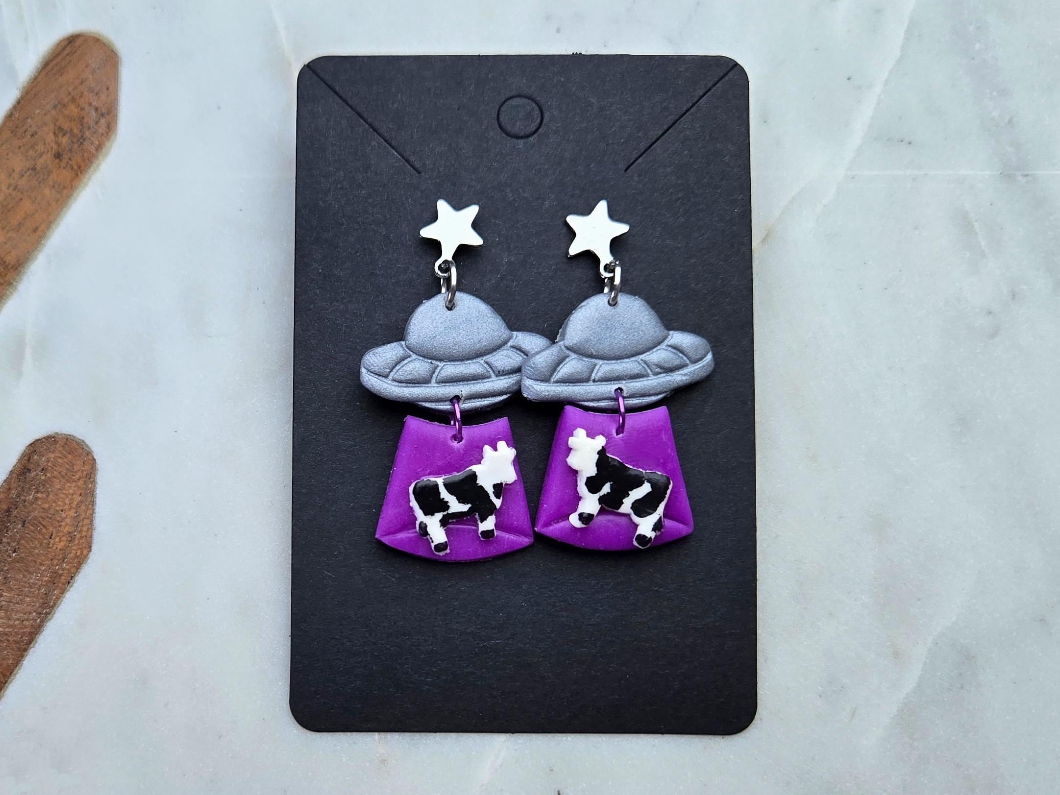 Alien Abduction UFO Purple & Blue Glow In The Dark Polymer Clay Earrings