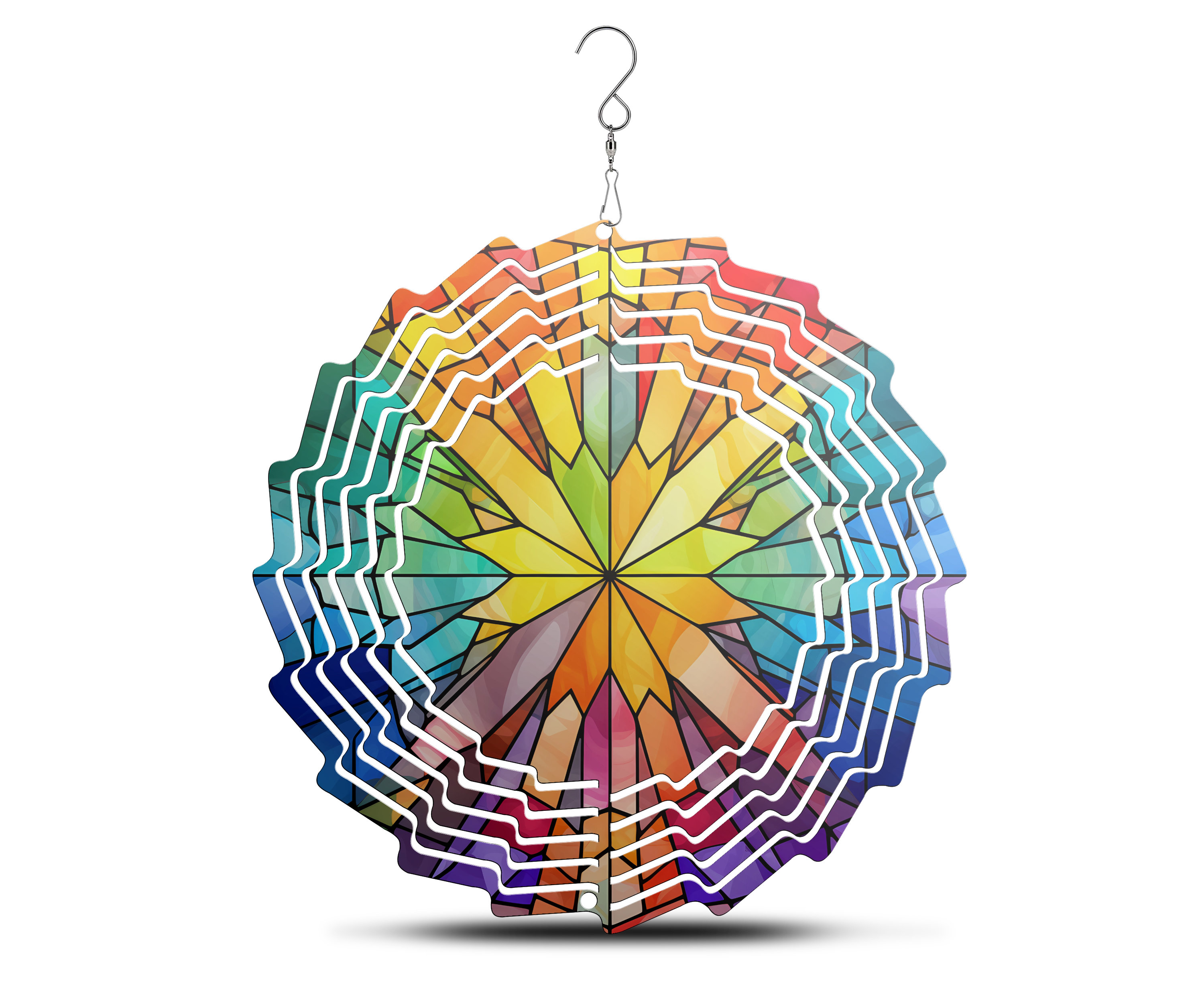 Rainbow Stained Glass Style 8 Inch Aluminum Wind Spinner With Glass Crystal Sun Catcher