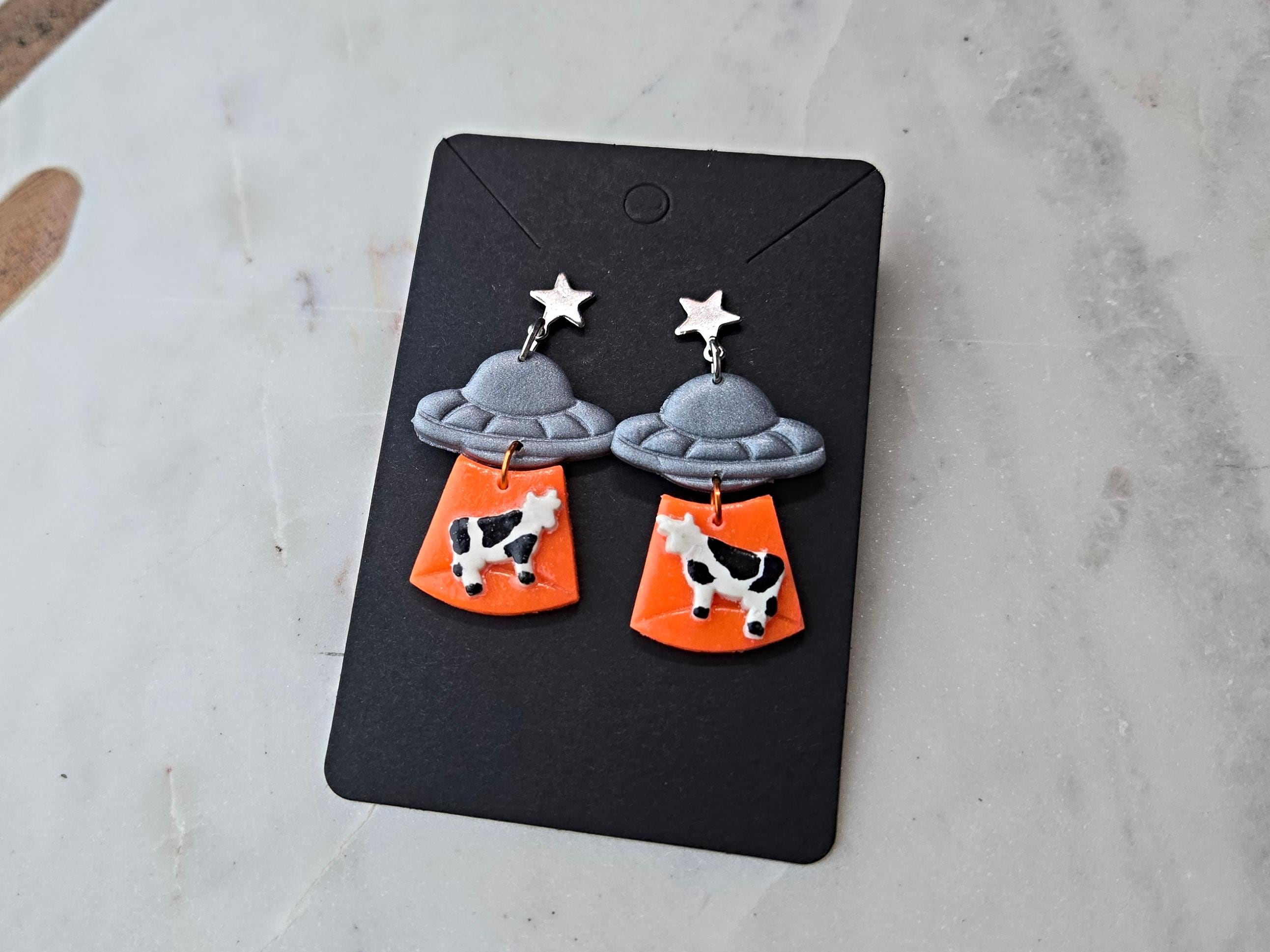 Alien Abduction UFO Orange Glow In The Dark Polymer Clay Earrings