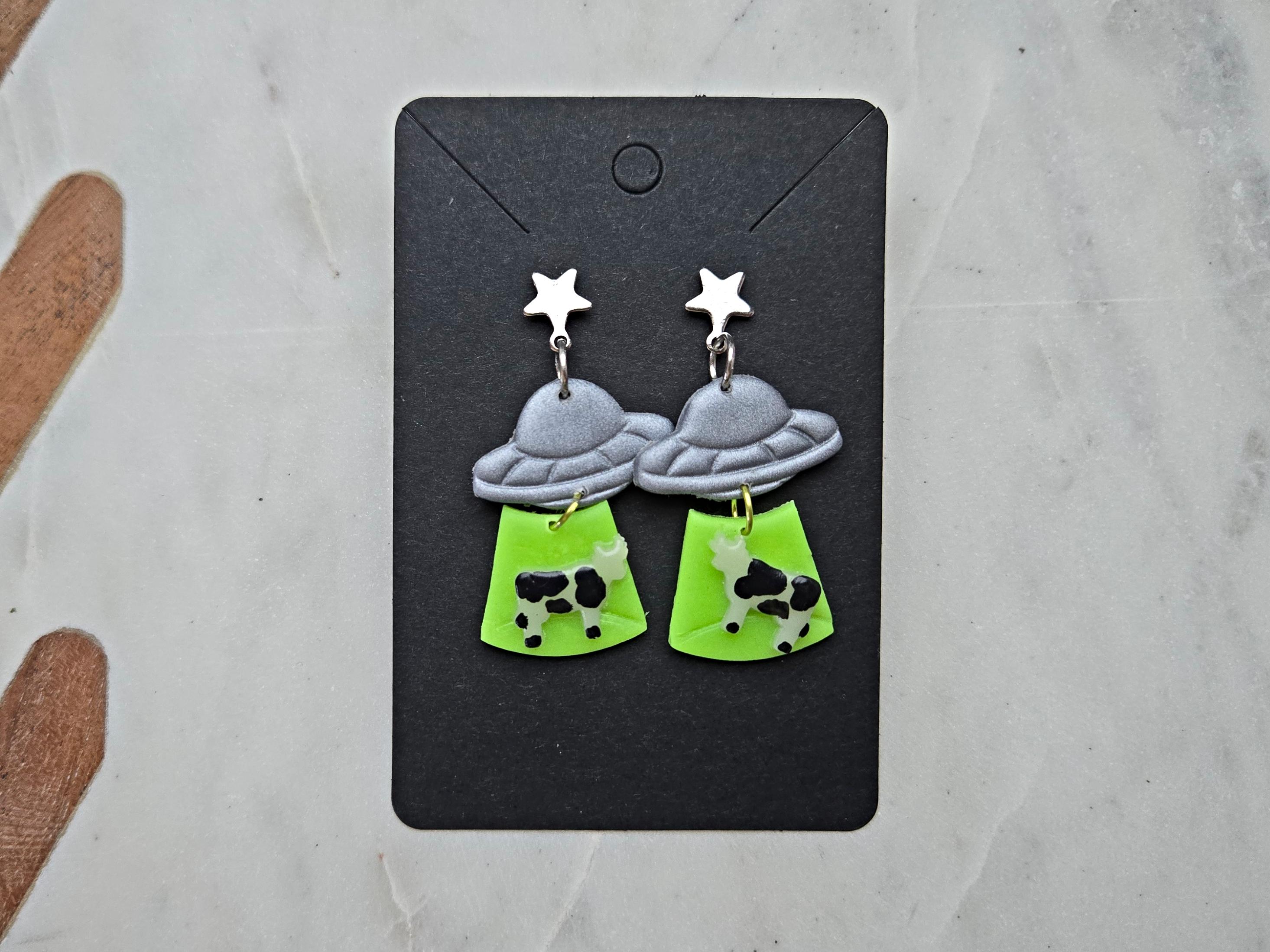 Alien Abduction UFO Green Glow In The Dark Polymer Clay Earrings