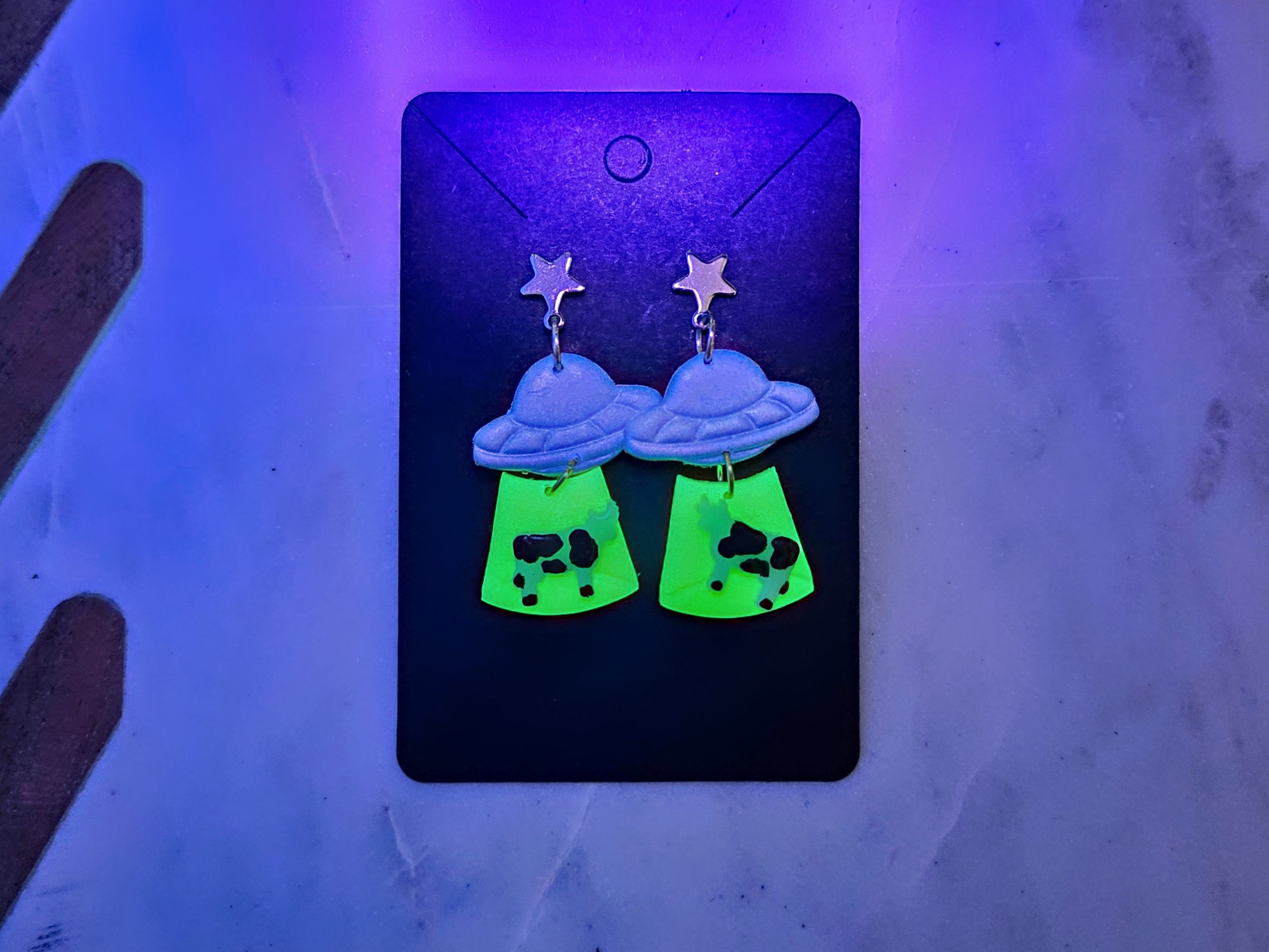 Alien Abduction UFO Green Glow In The Dark Polymer Clay Earrings