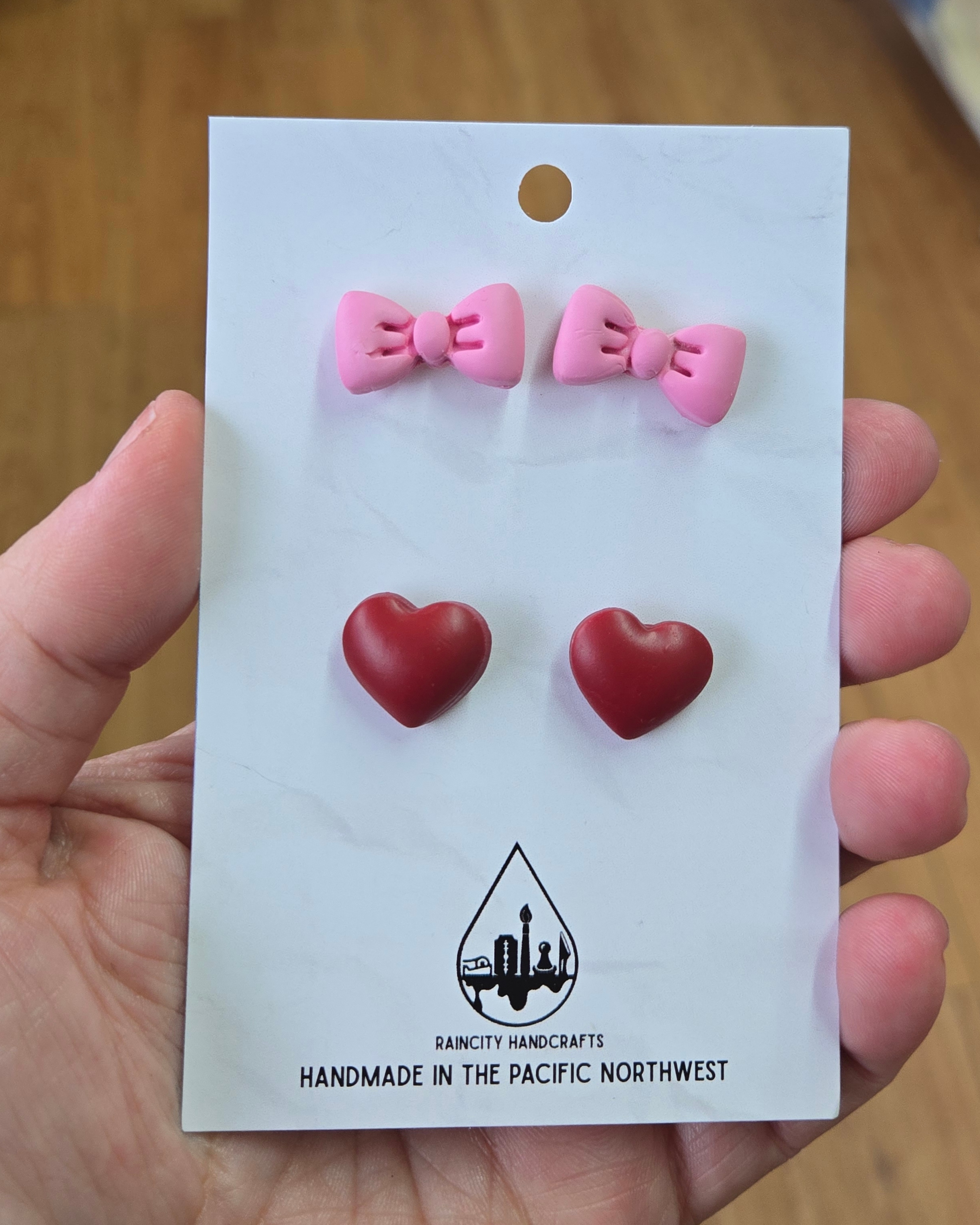 Puffy Bow & Heart Stud Earrings