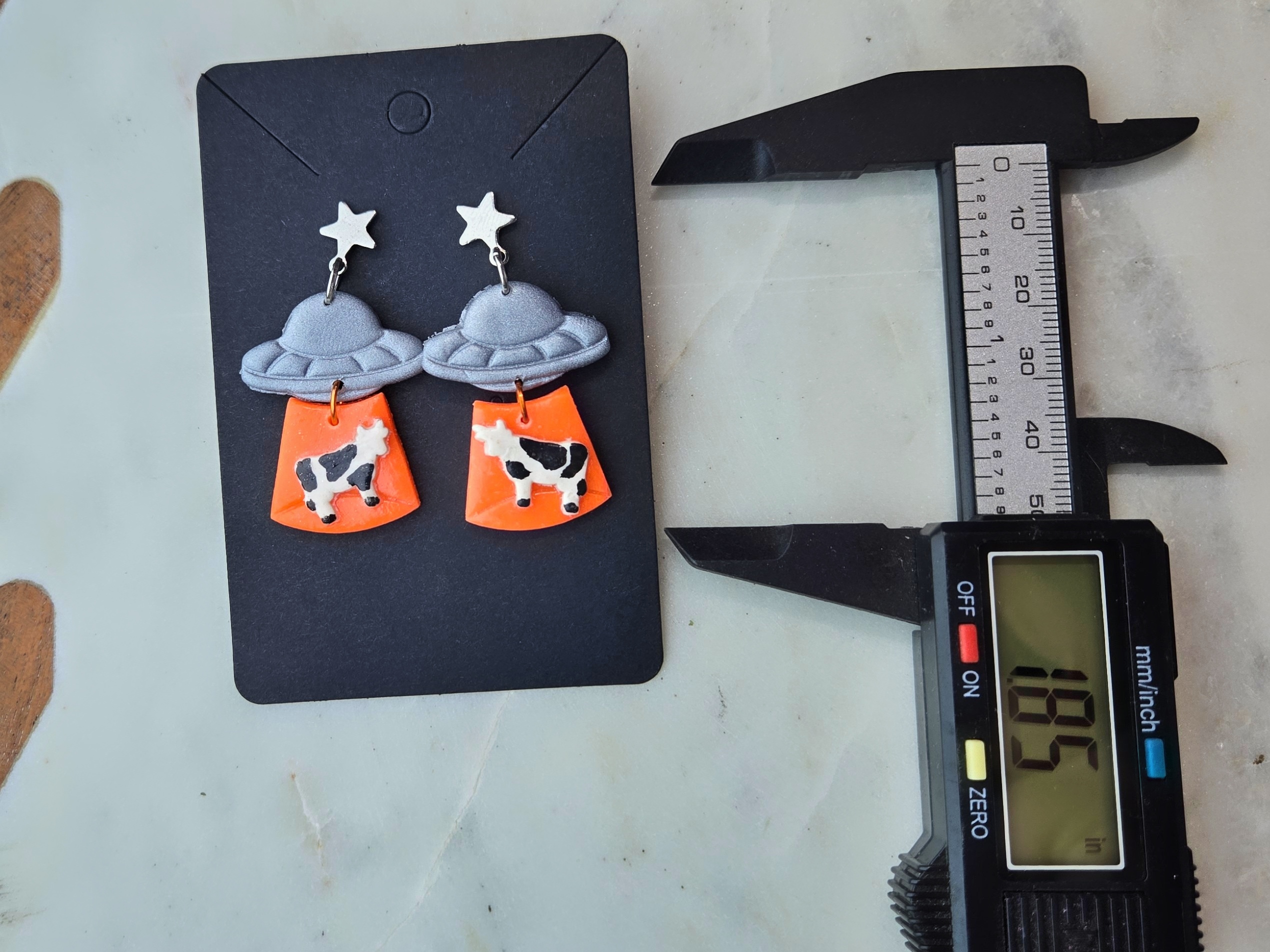 Alien Abduction UFO Orange Glow In The Dark Polymer Clay Earrings