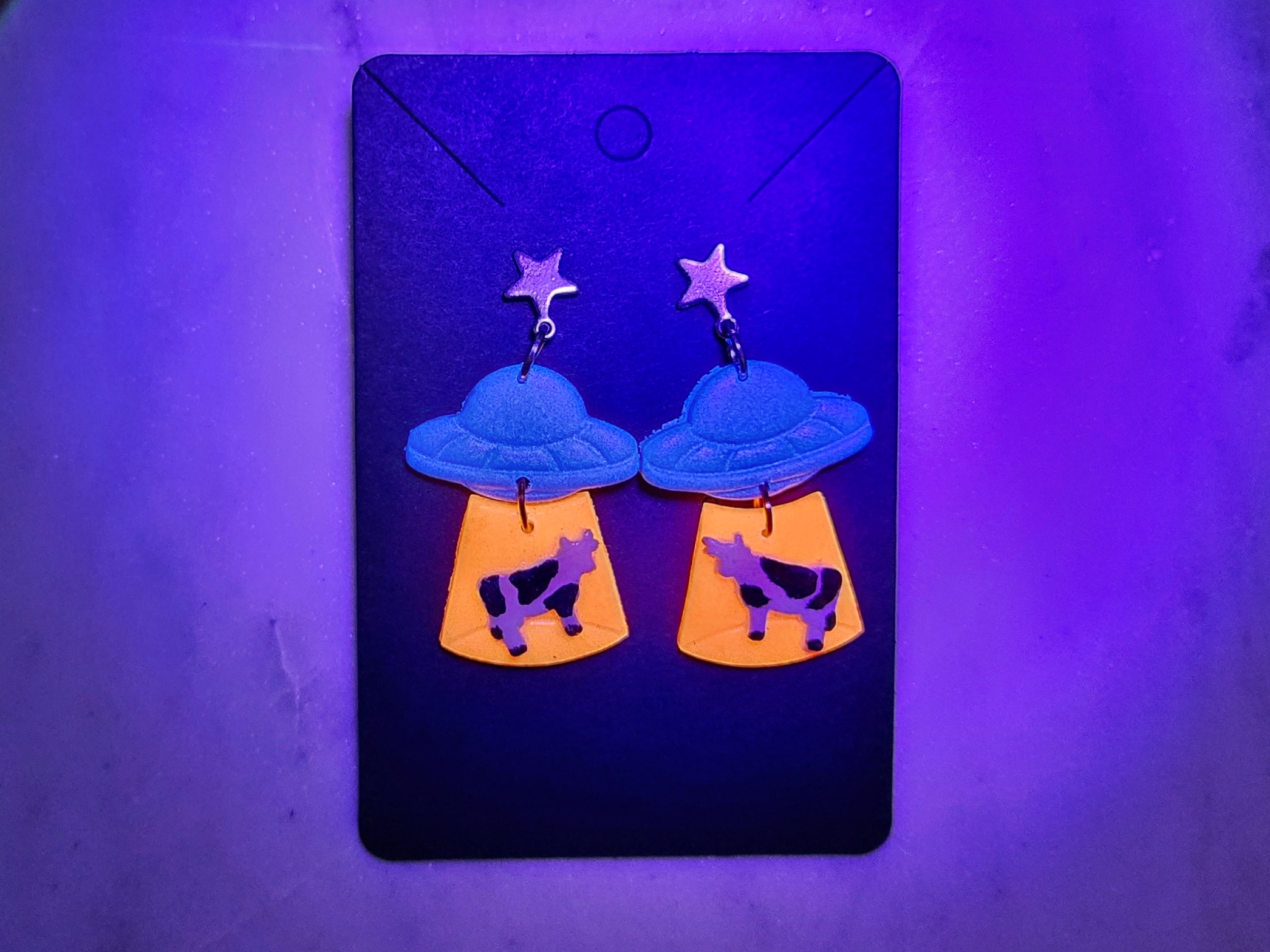Alien Abduction UFO Orange Glow In The Dark Polymer Clay Earrings