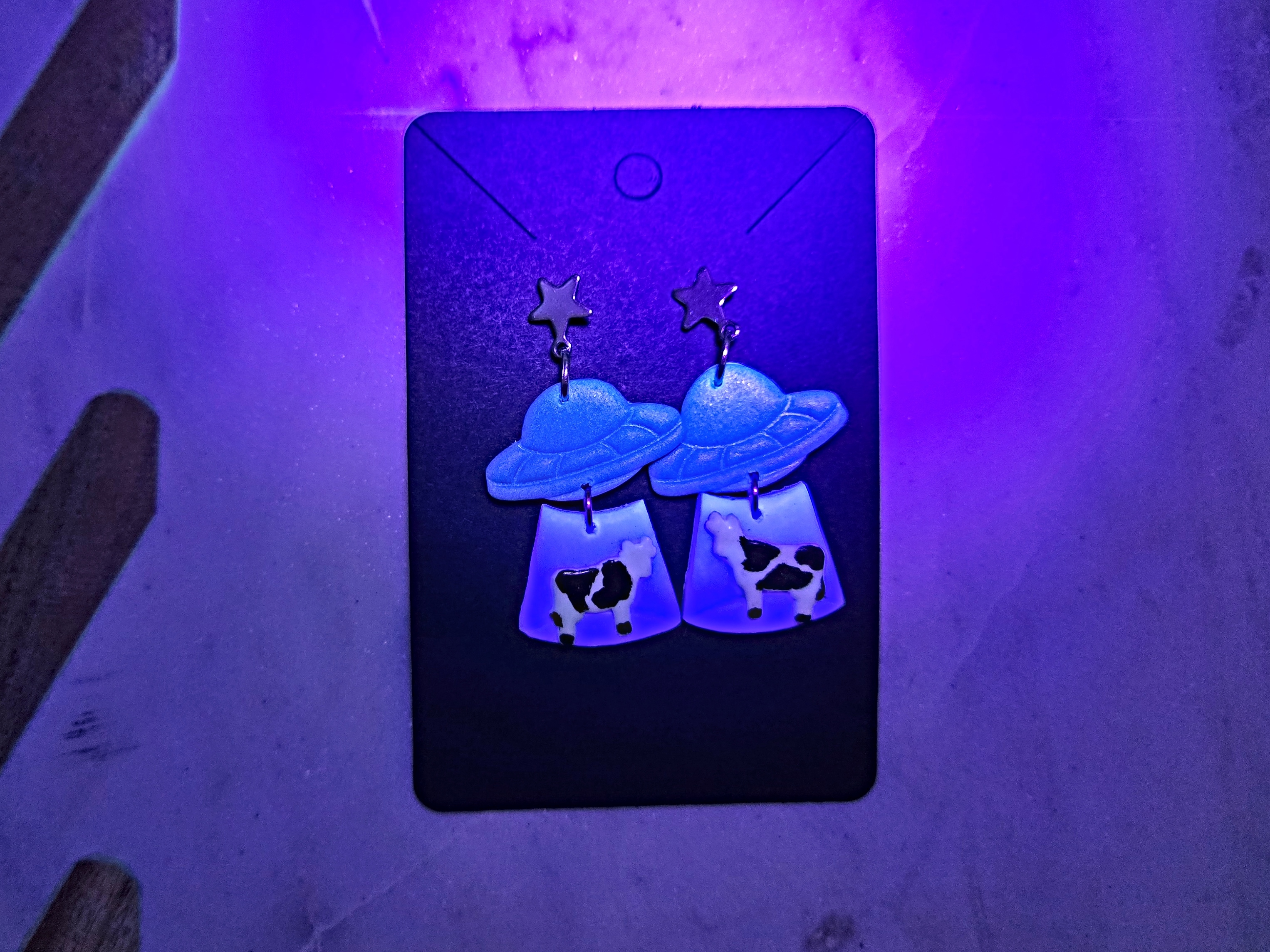 Alien Abduction UFO Purple & Blue Glow In The Dark Polymer Clay Earrings
