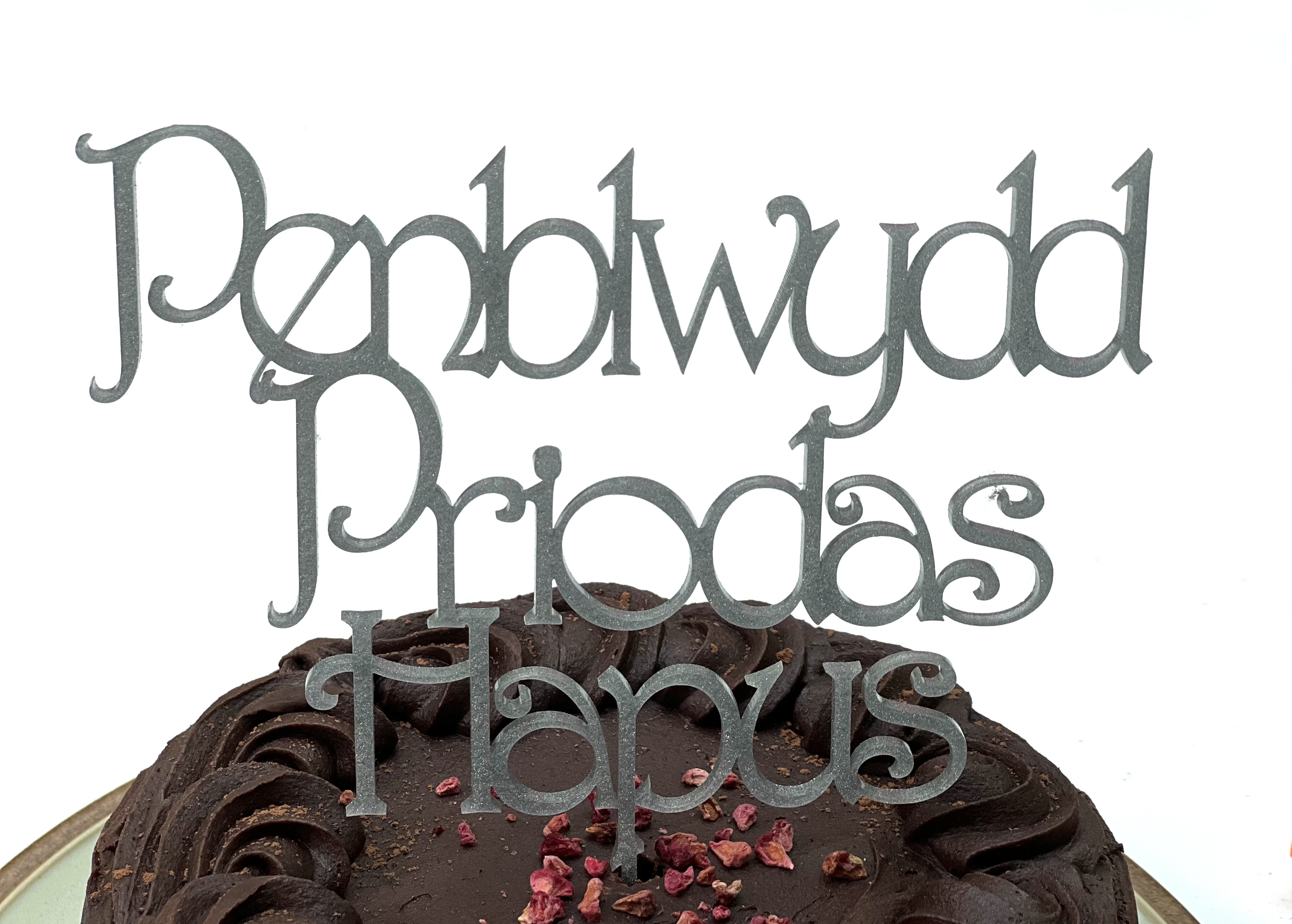 'Penblwydd Priodas Hapus' Cake Topper/ Flower Arrangement Decoration | Addurno 'Penblwydd Priodas Hapus' gyfer Cacen/ Trefniant Blodiau
