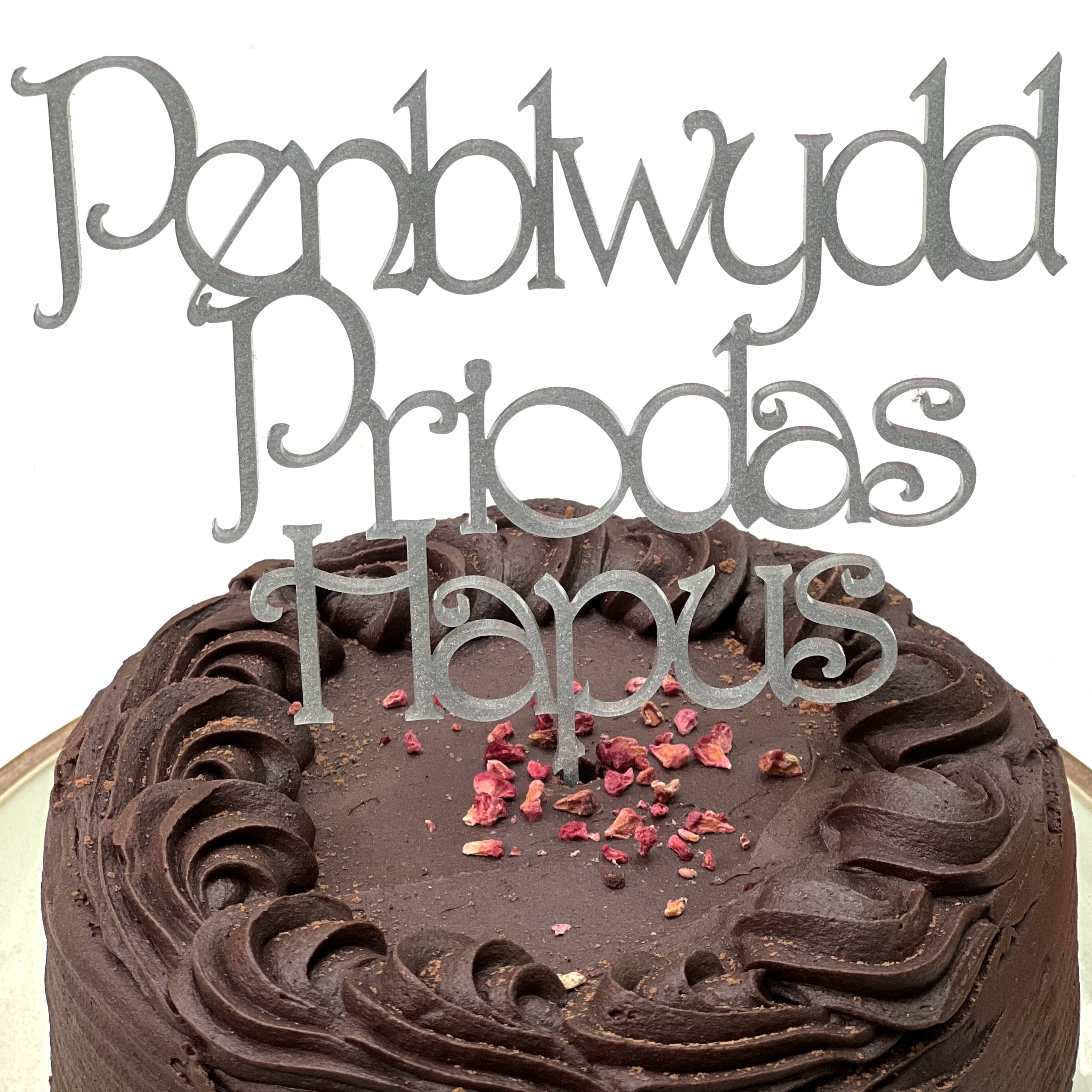'Penblwydd Priodas Hapus' Cake Topper/ Flower Arrangement Decoration | Addurno 'Penblwydd Priodas Hapus' gyfer Cacen/ Trefniant Blodiau