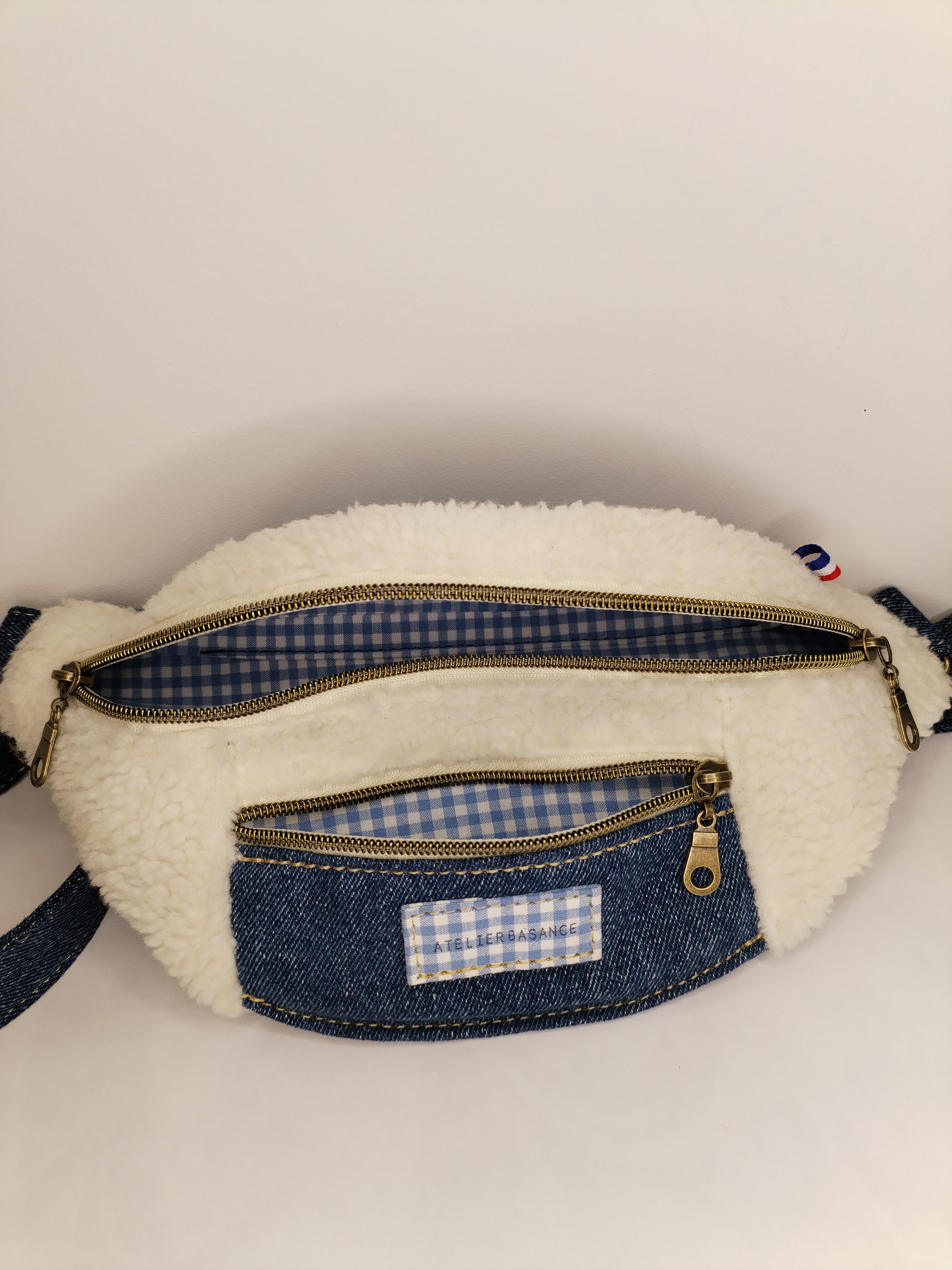 Banane "L'essentielle" jeans, moumoute et petit Vichy bleu ciel