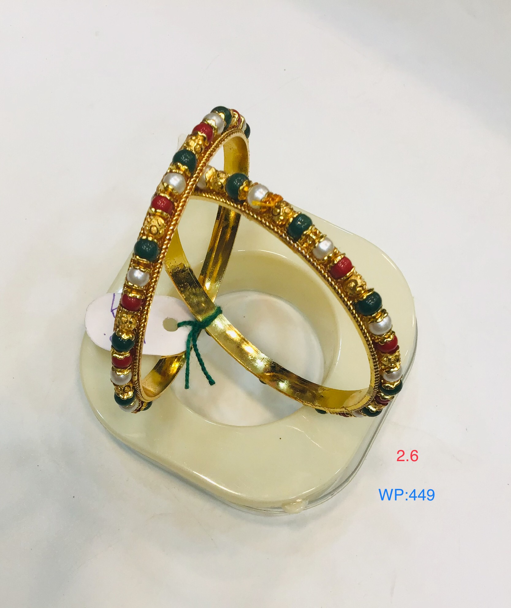 Traditional Gold Finish Bangles with Red, Green & Pearl Beads