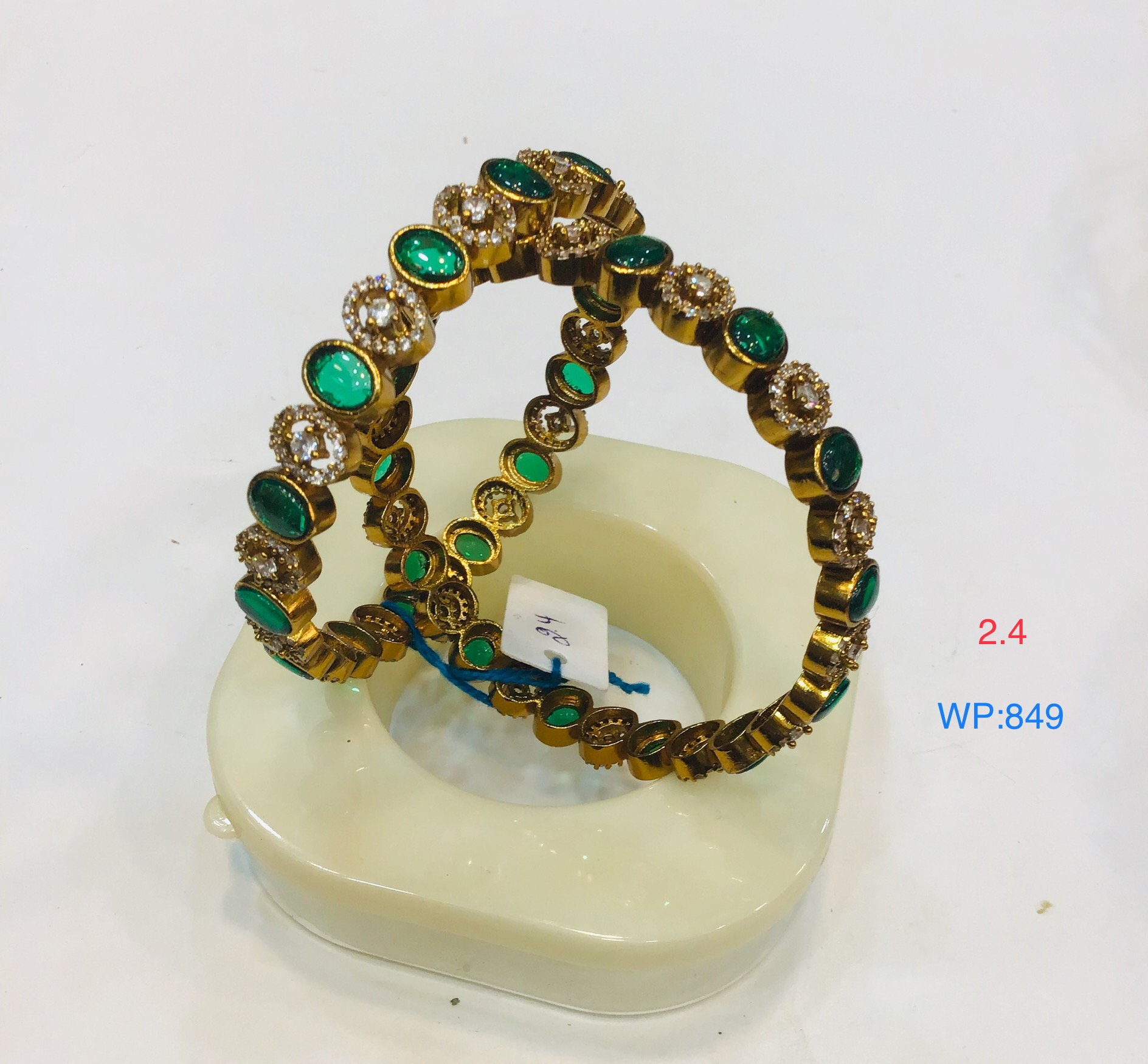 Elegant Gold-Plated Bangles with Green and White Stones (Set of 2)